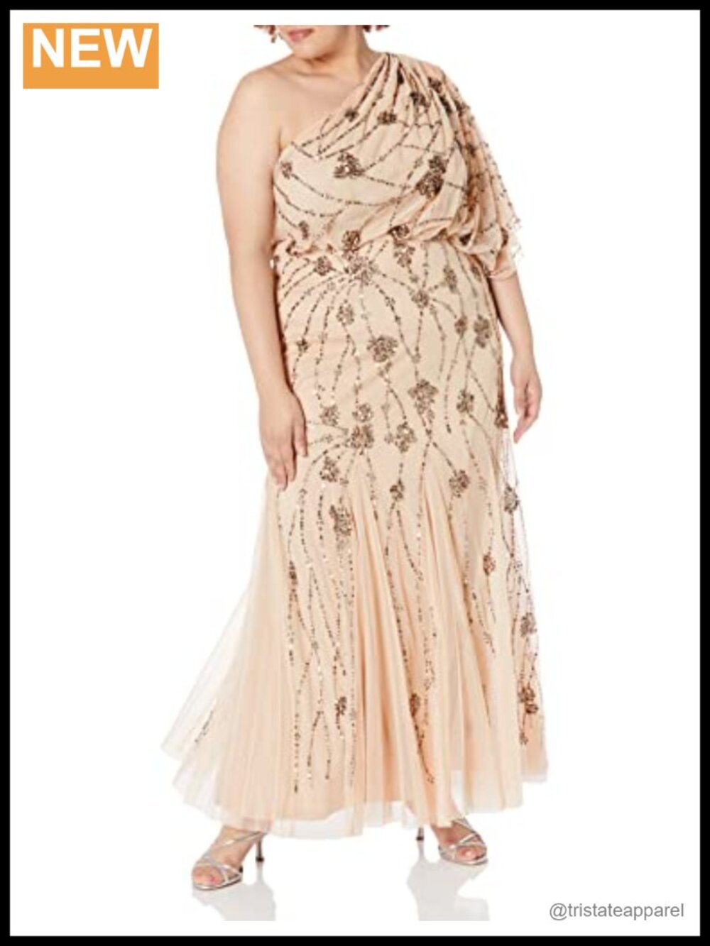 Adrianna Papell One Shoulder Beaded Floral Evening Gown